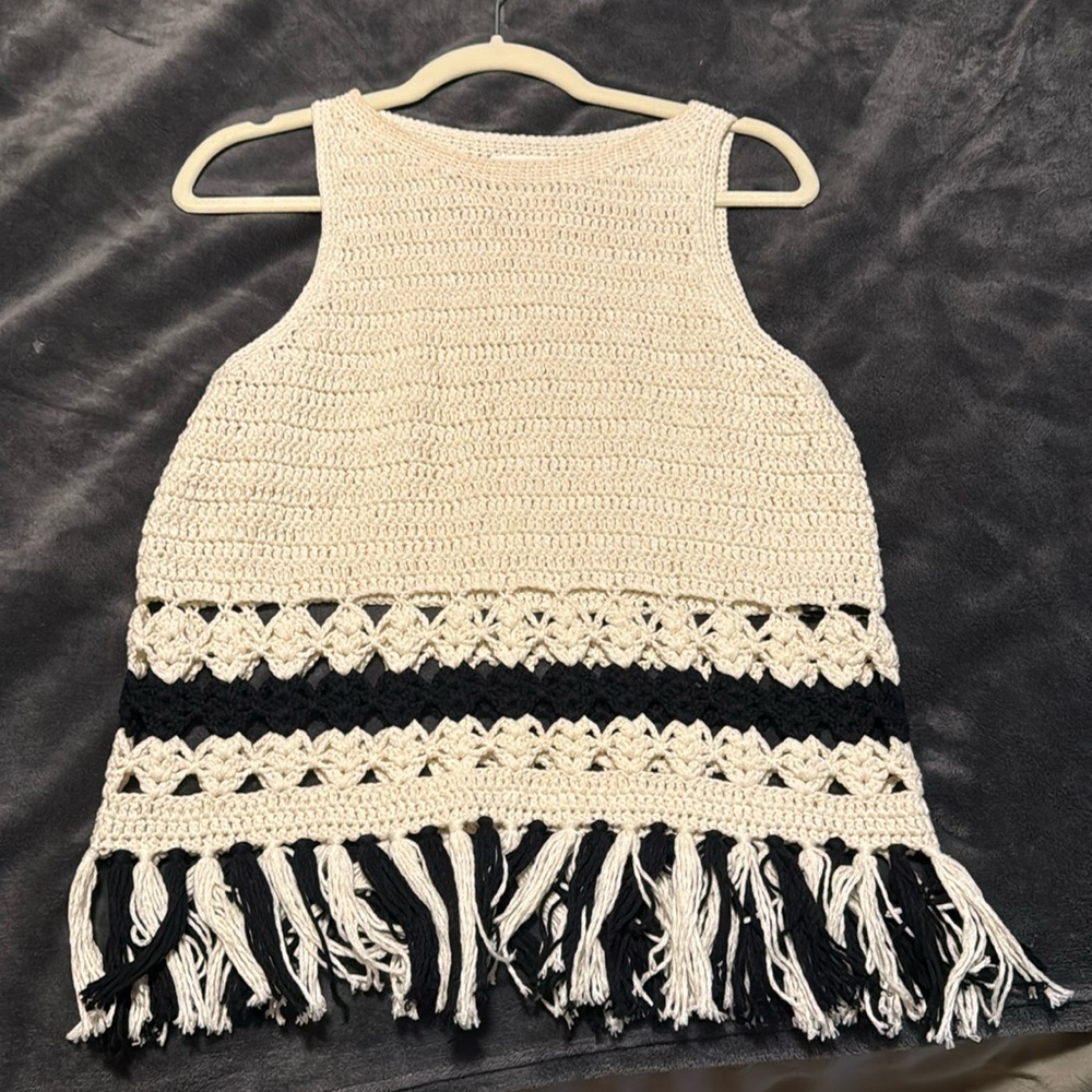 Eleven Six Crochet Fringe Tank Top - Cream and Black